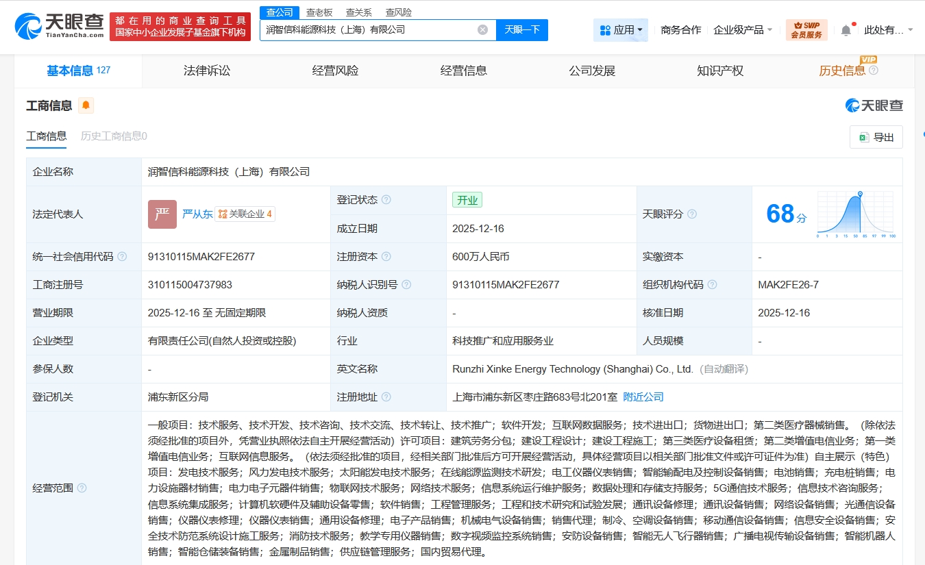 潤(rùn)健股份上海布局新賽道，能源科技公司正式成立進(jìn)軍基礎(chǔ)電信業(yè)務(wù)